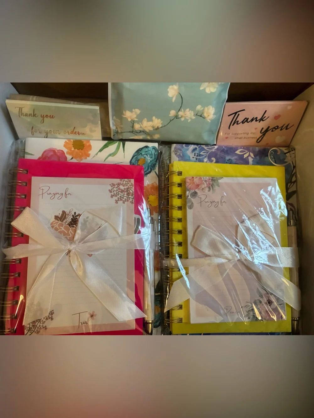 2 Floral Spiral Notepad Sets with Ribbons (Pink & Yellow)